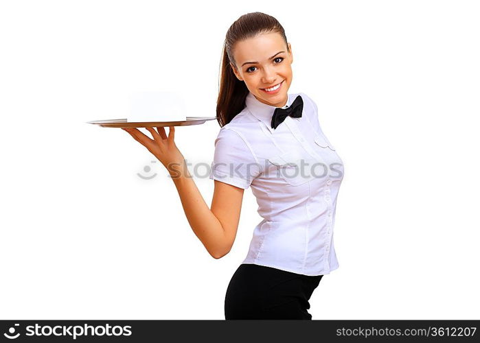 Portrait of young waitress with an empty tray