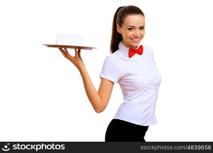 Portrait of young waitress with an empty tray