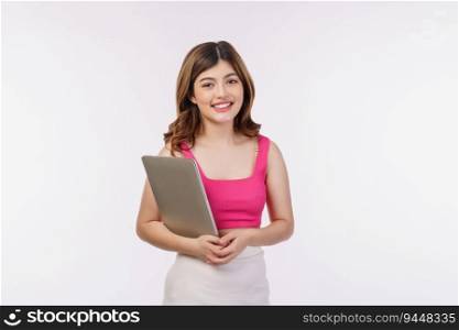 Portrait of young woman holding laptop computer isolated over white background. Business, people and technology concept.