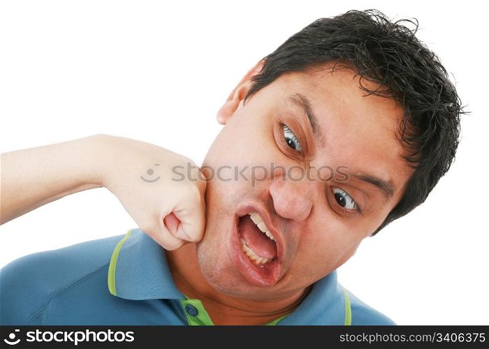 portrait of young woman punching other young man on a white background