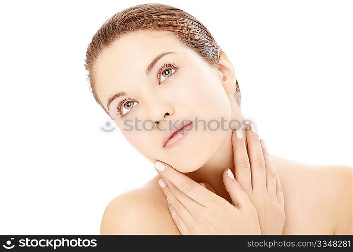 Portrait of young woman touching of the neck, isolated