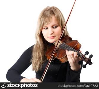 Portrait of young woman violinist. Isolated over white background.