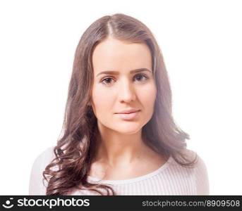  portrait of young woman with long dark hair isolated on white. young brunette woman