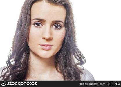  portrait of young woman with long dark hair isolated on white. young brunette woman