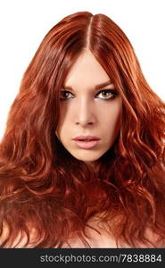 Portrait of young woman with red hair isolated on a white background