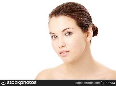 Portrait of young woman with the beautiful face, isolated on a white background