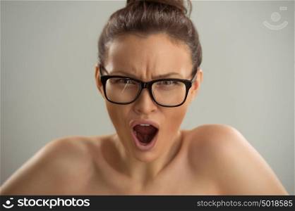 Portrait of young woman wondering perfect vision wearing stylish black eye glasses