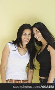 Portrait of young women with long hair against yellow background