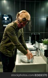 Portrait of zombie office employee washing hands in restroom sink looking at camera. Hygiene and healthcare. Zombie washing hands in sink looking at camera