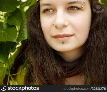 portrait on nature background, selective focus on eye