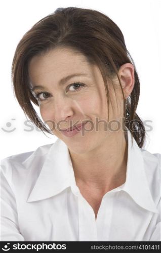 portrait on white background of a forty years old woman in studio