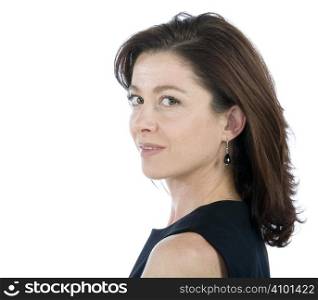 portrait on white background of a forty years old woman in studio