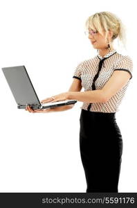 portrait or energetic businesswoman with laptop computer over white