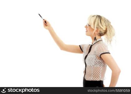 portrait or energetic businesswoman with pen over white