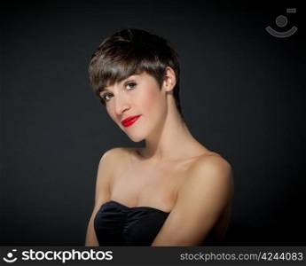 portrait photo of attractive brunette with brown short hairs