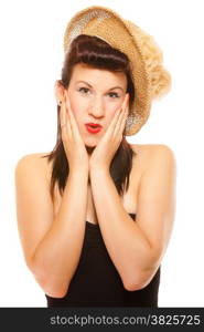Portrait pin up brunette summer teen girl in straw hat retro style, studio shot isolated on white background