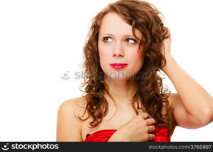 Portrait pretty elegant thoughtful young woman girl curly hair thinking looking up, isolated on white background
