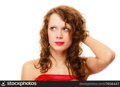 Portrait pretty elegant thoughtful young woman girl curly hair thinking looking up, isolated on white background