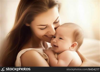 Portrait pretty woman holding a newborn baby , Loving mom carying of her newborn baby in her arms , Generate Ai
