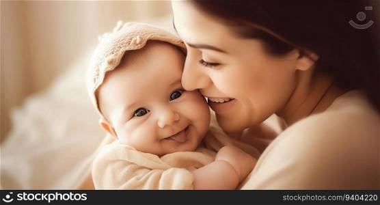 Portrait pretty woman holding a newborn baby , Loving mom carying of her newborn baby in her arms , Generate Ai