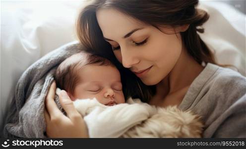 Portrait pretty woman holding a newborn baby , Loving mom carying of her newborn baby in her arms , Created with Generative Ai Technology