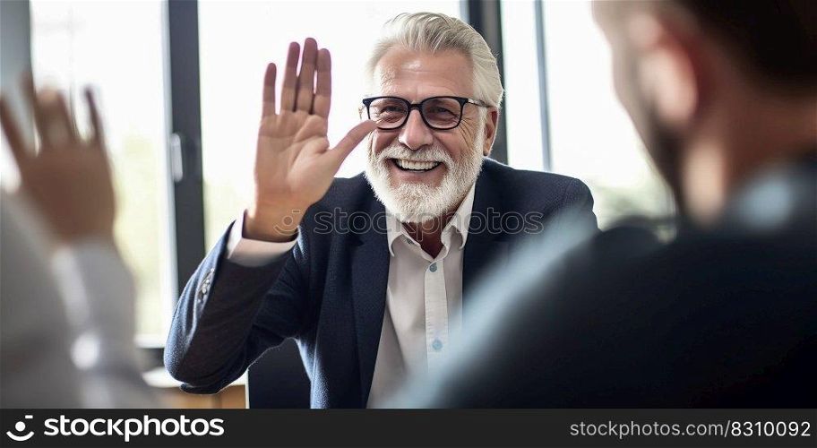 Portrait senior business man say hi on a video call , Senior business man smiling at the camera wabcam online meeting in office , Generate Ai