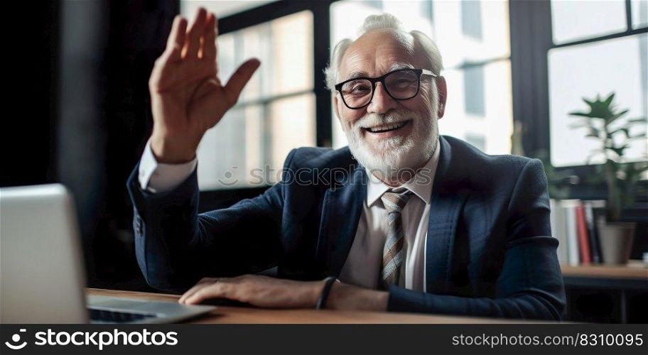 Portrait senior business man say hi on a video call , Senior business man smiling at the camera wabcam online meeting in office , Generate Ai