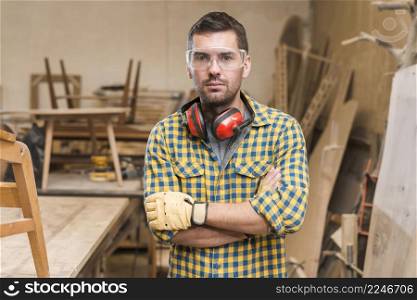 portrait serious male carpenter standing workshop