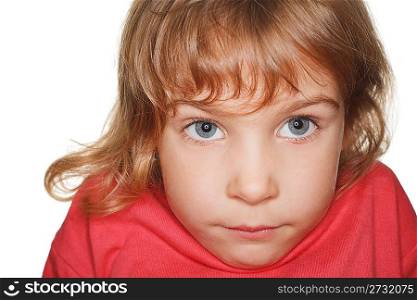 portrait small child in a red t-shirt photography studio, head down. ring flash