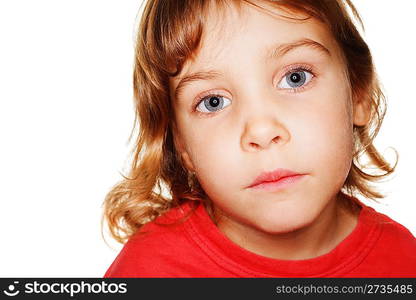 portrait small child in a red t-shirt photography studio, head up. ring flash