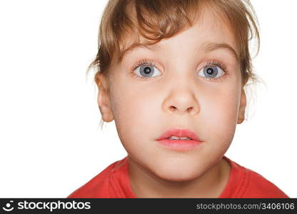 portrait small child in a red t-shirt photography studio, head up. ring flash