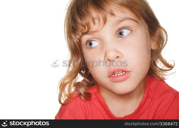 portrait small child in a red t-shirt photography studio, speak and look to left. ring flash