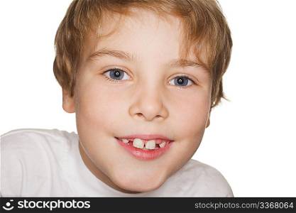 portrait small child in a white t-shirt photography studio, smiling. ring flash