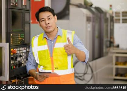 Portrait smart Asian adult professional engineer worker in factory industry CNC operator standing confident thumbs up with safety suit.