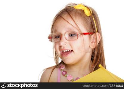 Portrait smiling little girl in glasses studio shot isolated on white background