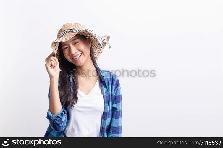 Portrait, tourist Beautiful of Asian woman happiness and smiling isolated on white background, Asia girl wear Plaid shirt and wear Straw hat, Summer concept