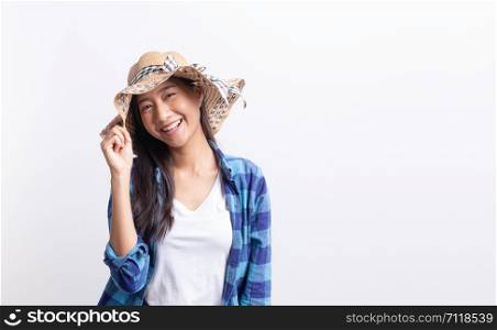 Portrait, tourist Beautiful of Asian woman happiness and smiling isolated on white background, Asia girl wear Plaid shirt and wear Straw hat, Summer concept