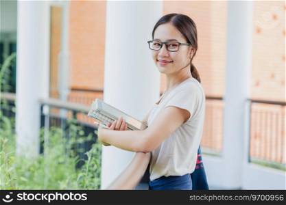Portrait University Asian teen girl using tablet modern learning  education lifestyle in school c&us.