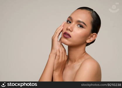 Portrait with manicure hands of beautiful asian woman touch cheek and smile, beautiful natural clean skin nature make up,  fresh spa female beauty cometic, copy space
