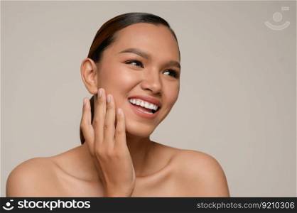 Portrait with manicure hands of beautiful asian woman touch cheek and smile, beautiful natural clean skin nature make up,  fresh spa female beauty cometic, copy space