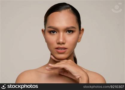 Portrait with manicure hands of beautiful asian woman touch chin and smile, beautiful natural clean skin nature make up,  fresh spa female beauty cometic, copy space