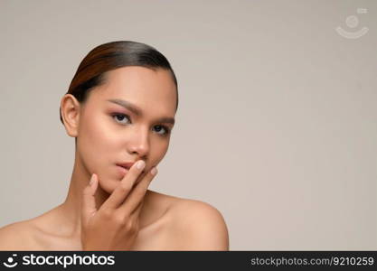 Portrait with manicure hands of beautiful asian woman touch on mouth, beautiful natural clean skin nature make up,  fresh spa female beauty cometic, copy space