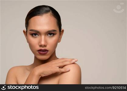 Portrait with manicure hands of beautiful asian woman touch shoulder and looking at camera, beautiful natural clean skin nature make up,  fresh spa female beauty cometic, copy space