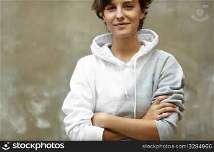 portrait with natural light, teen with sweatshirt, selective focus on eye