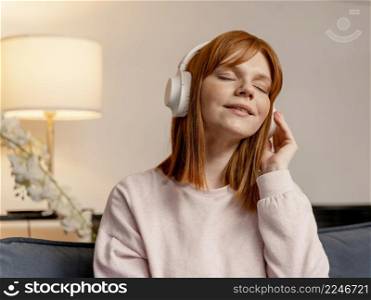 portrait woman home listening music 3. portrait woman home listening music 2