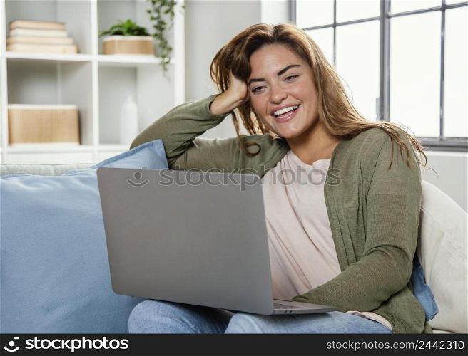 portrait woman home with laptop 3