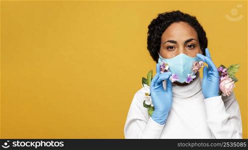 portrait woman with copy space floral gloves