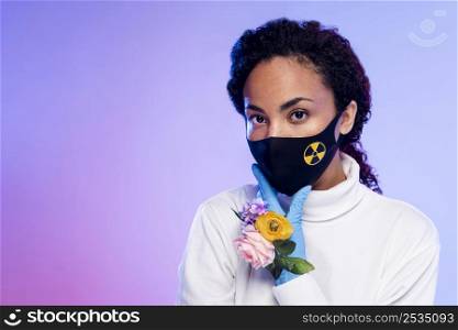 portrait woman with mask floral gloves