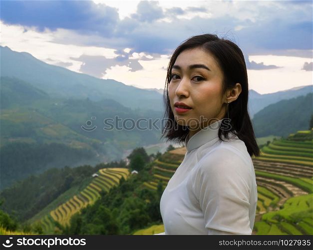 Portrait women in white vietnam traditional clothing