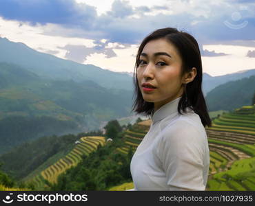 Portrait women in white vietnam traditional clothing